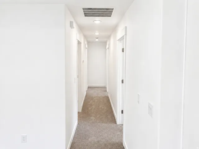 Hallway with light gray carpeting, crisp white walls, recessed lighting, white trim, and doors with dark hardware
