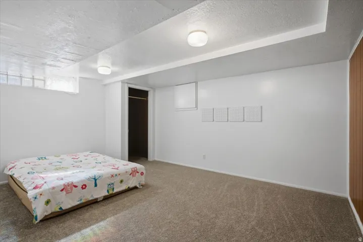 Carpeted room with white walls and a drop ceiling featuring integrated lighting