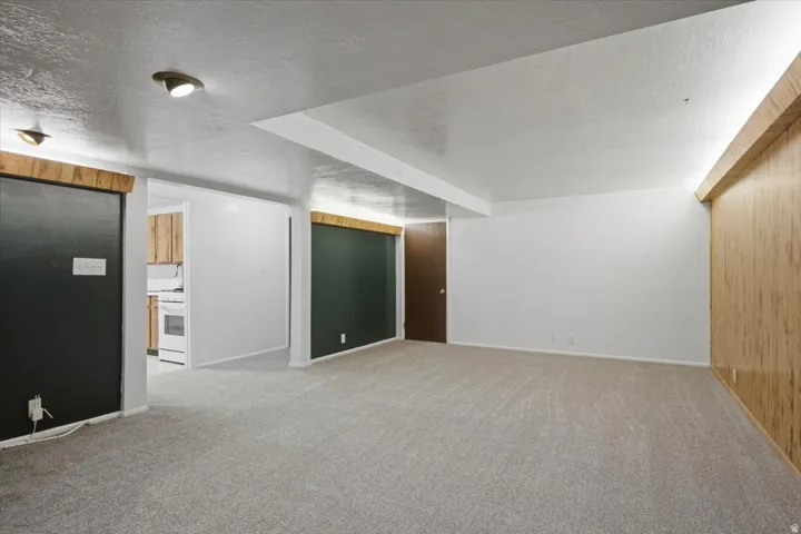 Carpeted living area featuring white painted walls and wood-finish paneling
