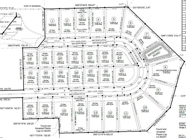 Plat Map. Illustrating the division of a land parcel into individual lots with associated measurements and a retention pond