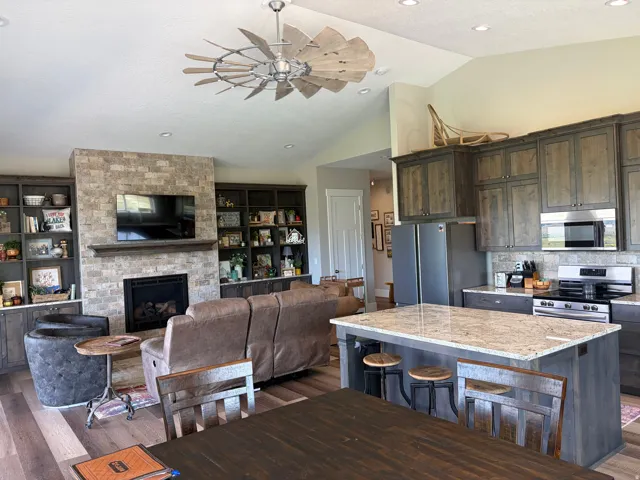 Open-concept living space with vaulted ceilings