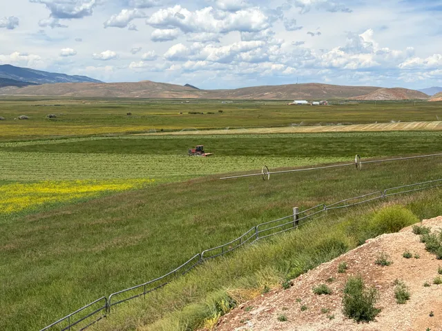 Expansive agricultural land featuring a tractor, irrigation systems, and cultivated fields