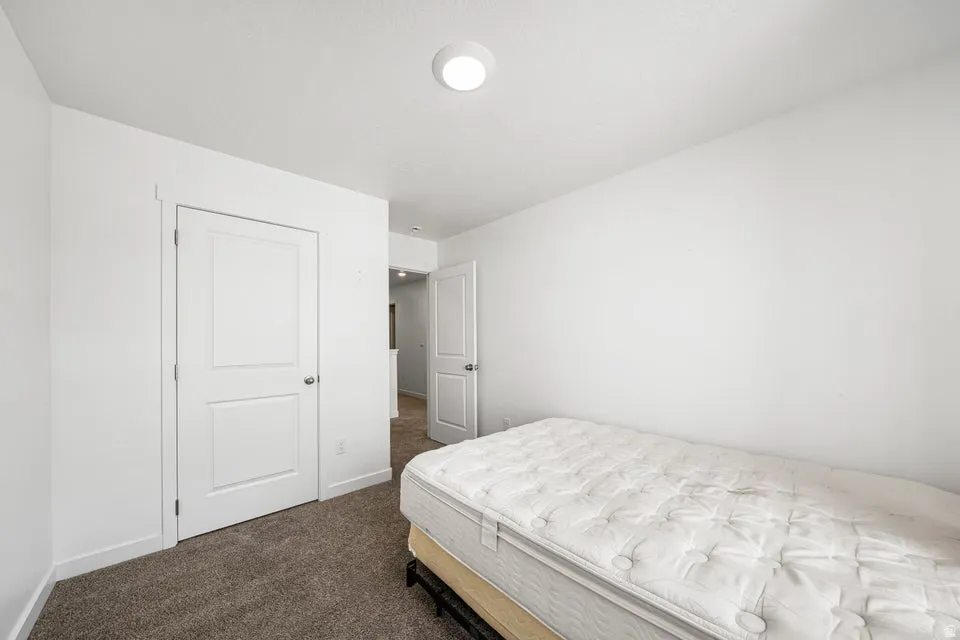 Carpeted room featuring white walls, a recessed ceiling light, and a two-panel interior door with a chrome knob