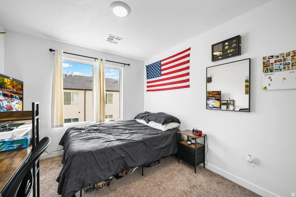 Bedroom featuring two large windows with white trim, light-colored carpeting, and a built-in overhead light fixture