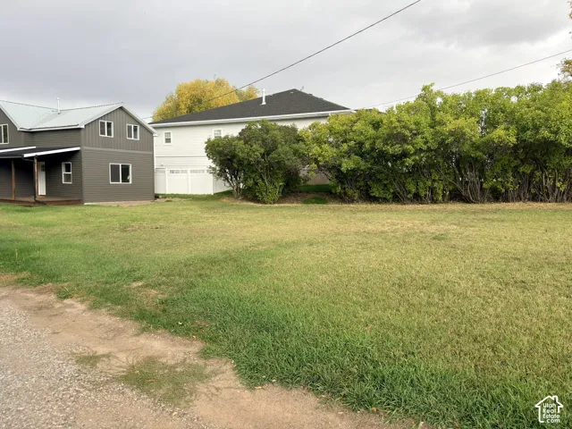 Expansive level lot featuring mature trees, perimeter shrubbery, and a gravel access point