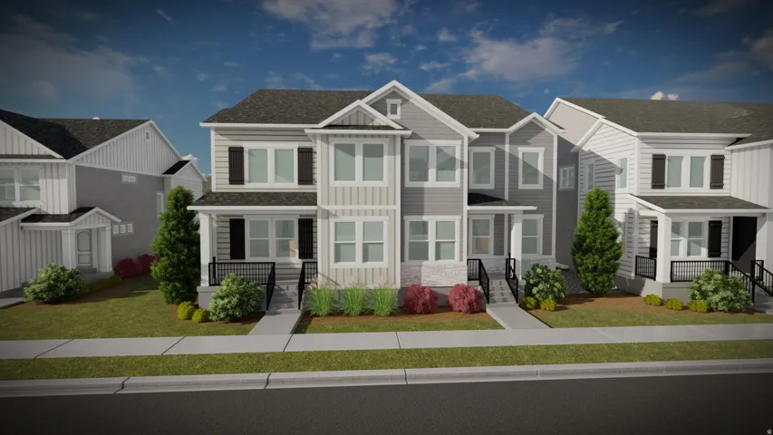 Modern townhome exteriors featuring multiple gables and varied siding textures