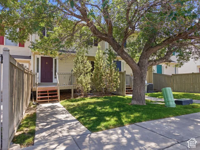 Charming residential backyard featuring a mature shade tree, lush green lawn, and concrete patio