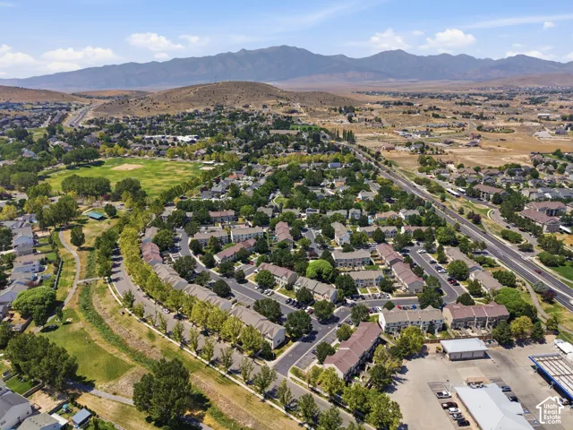 Expansive aerial perspective showcasing a residential community with mature tree-lined streets and extensive green spaces
