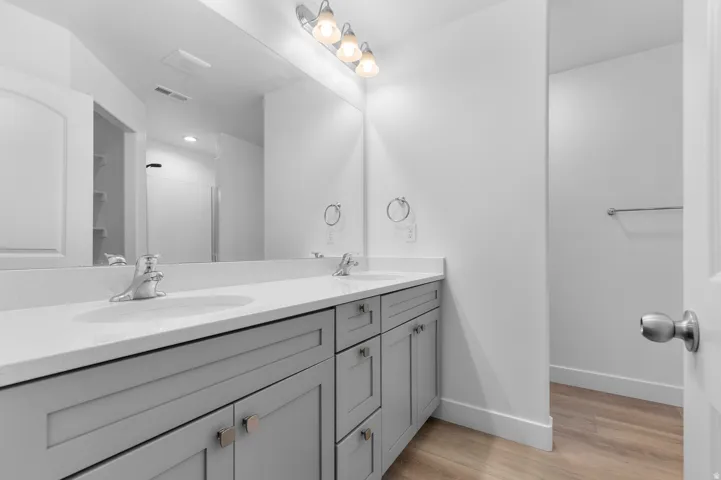 Bathroom featuring a dual vanity with light gray shaker-style cabinetry and a white countertop