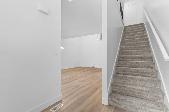 Carpeted staircase with white handrail