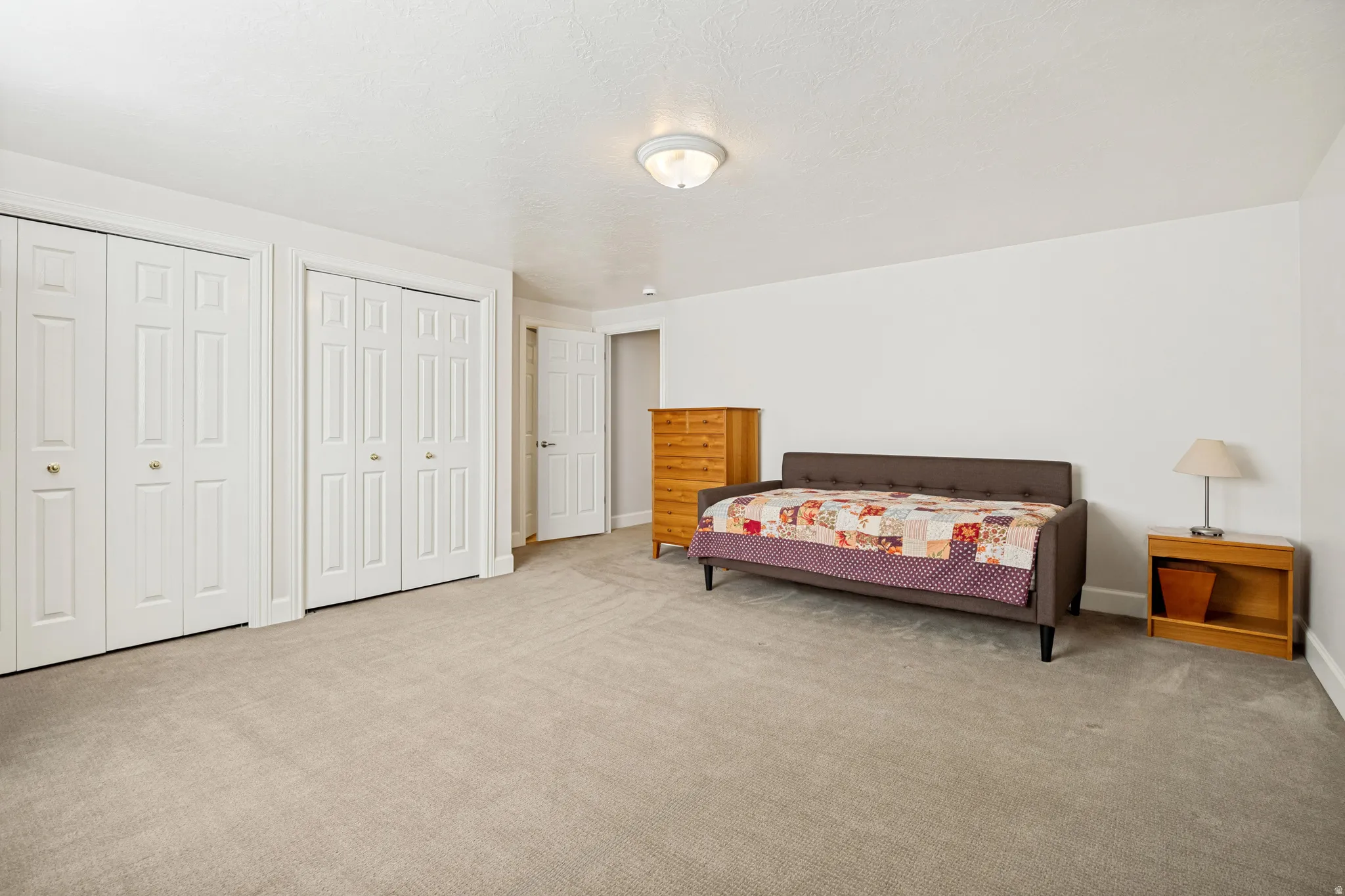 Spacious bedroom featuring neutral carpeting, abundant natural light from recessed ceiling fixture, and direct access to dual closets with vertical panel doors