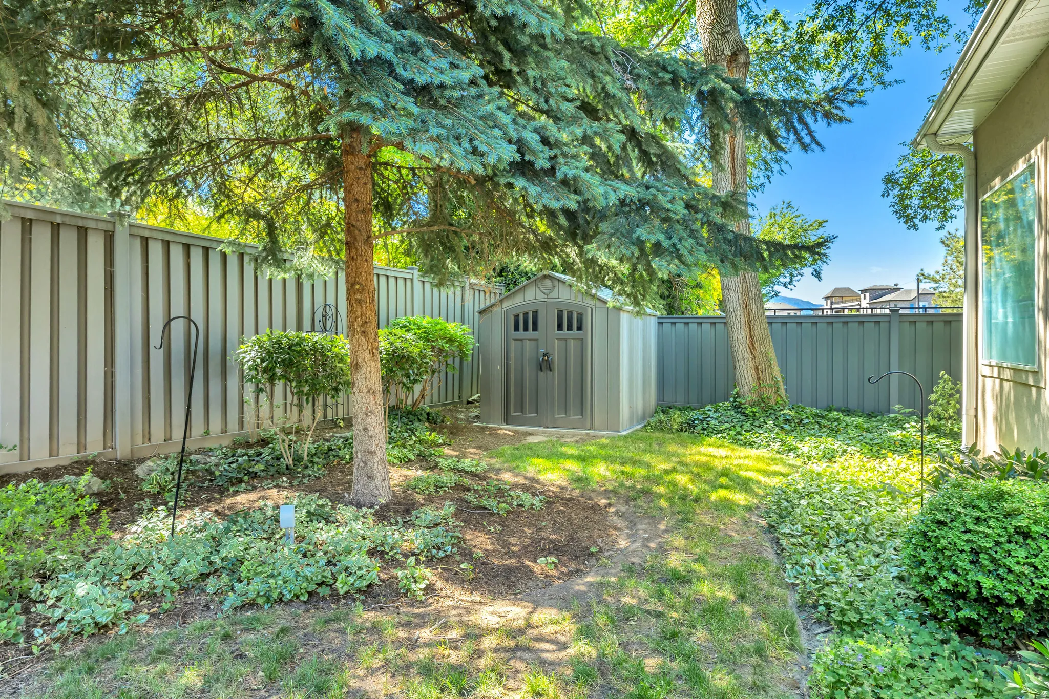 Mature tree-lined backyard featuring a metal privacy fence, storage shed, and lush landscaping with ground cover and established plantings