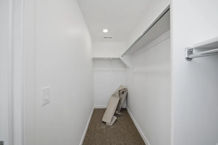 Walk-in closet featuring carpet flooring, crisp white walls, recessed ceiling lighting, and built-in shelving with hanging rods