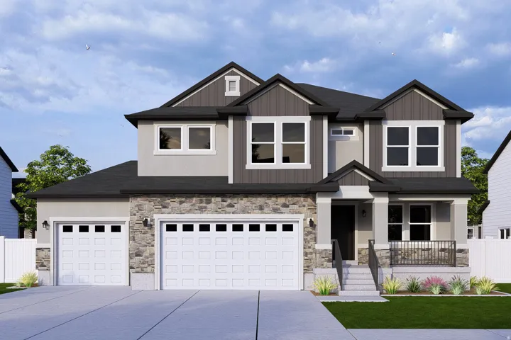 Modern two-story residence featuring a striking mixed-material exterior with stone and fiber cement siding accents