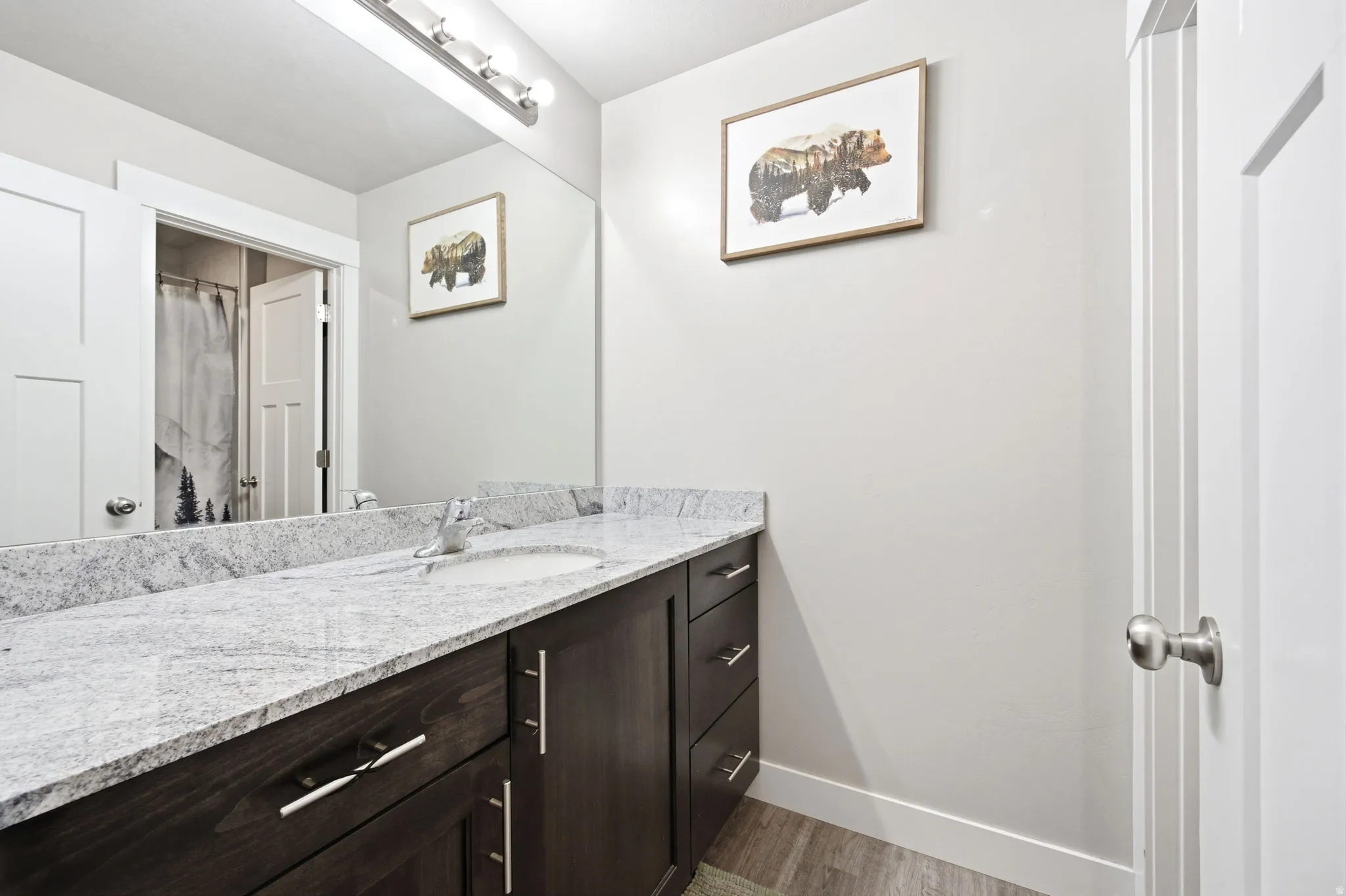 Spa-inspired master bath featuring a dark wood vanity with dual sinks, expansive quartz countertop, polished chrome hardware, and recessed lighting