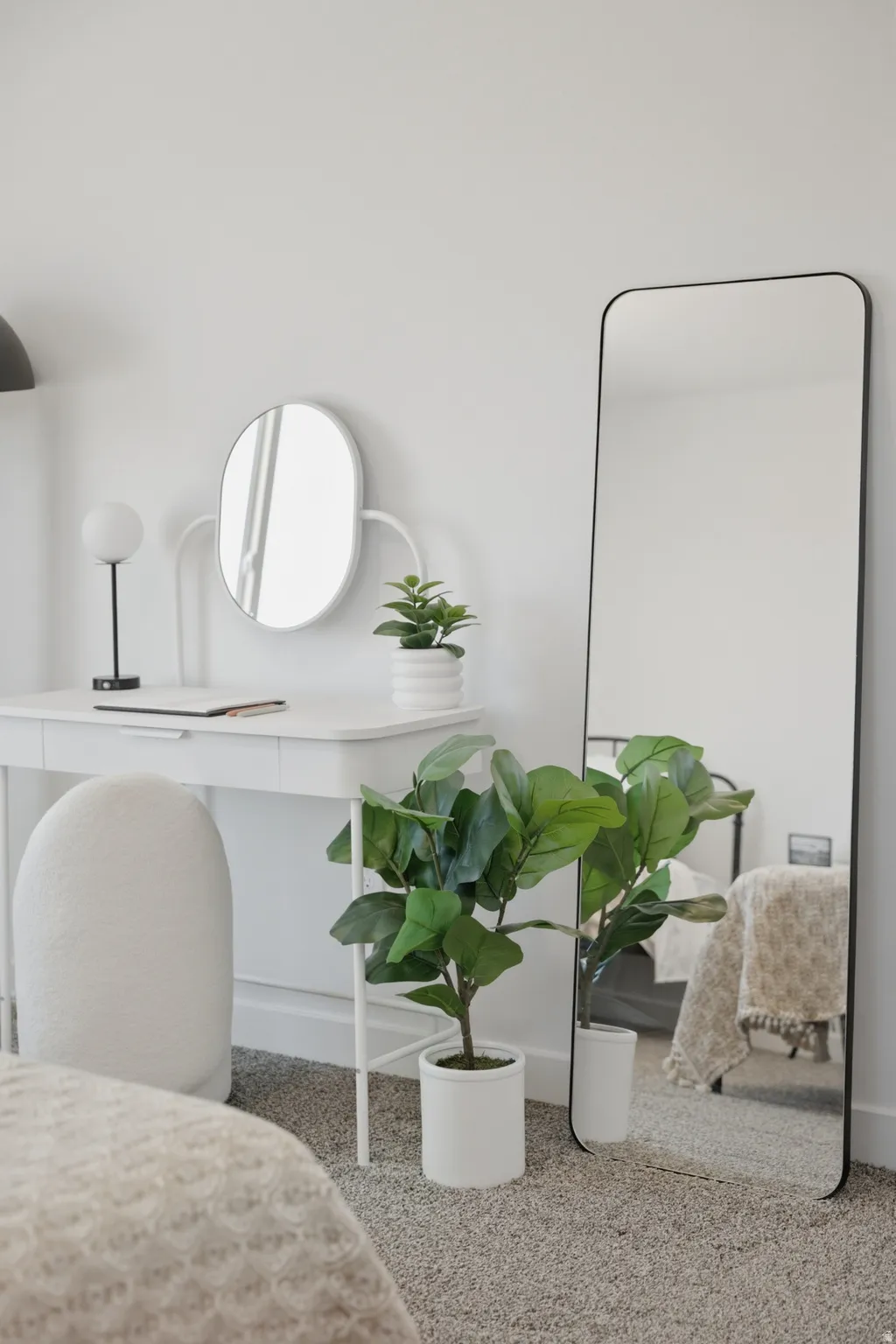 Light-toned carpeting provides a neutral base for the space