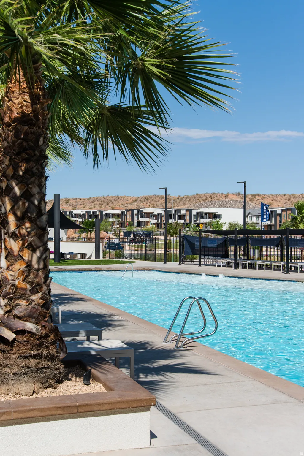 Resort-style community pool featuring crystal-clear waters, generous sun deck with concrete decking, and mature palm tree landscaping