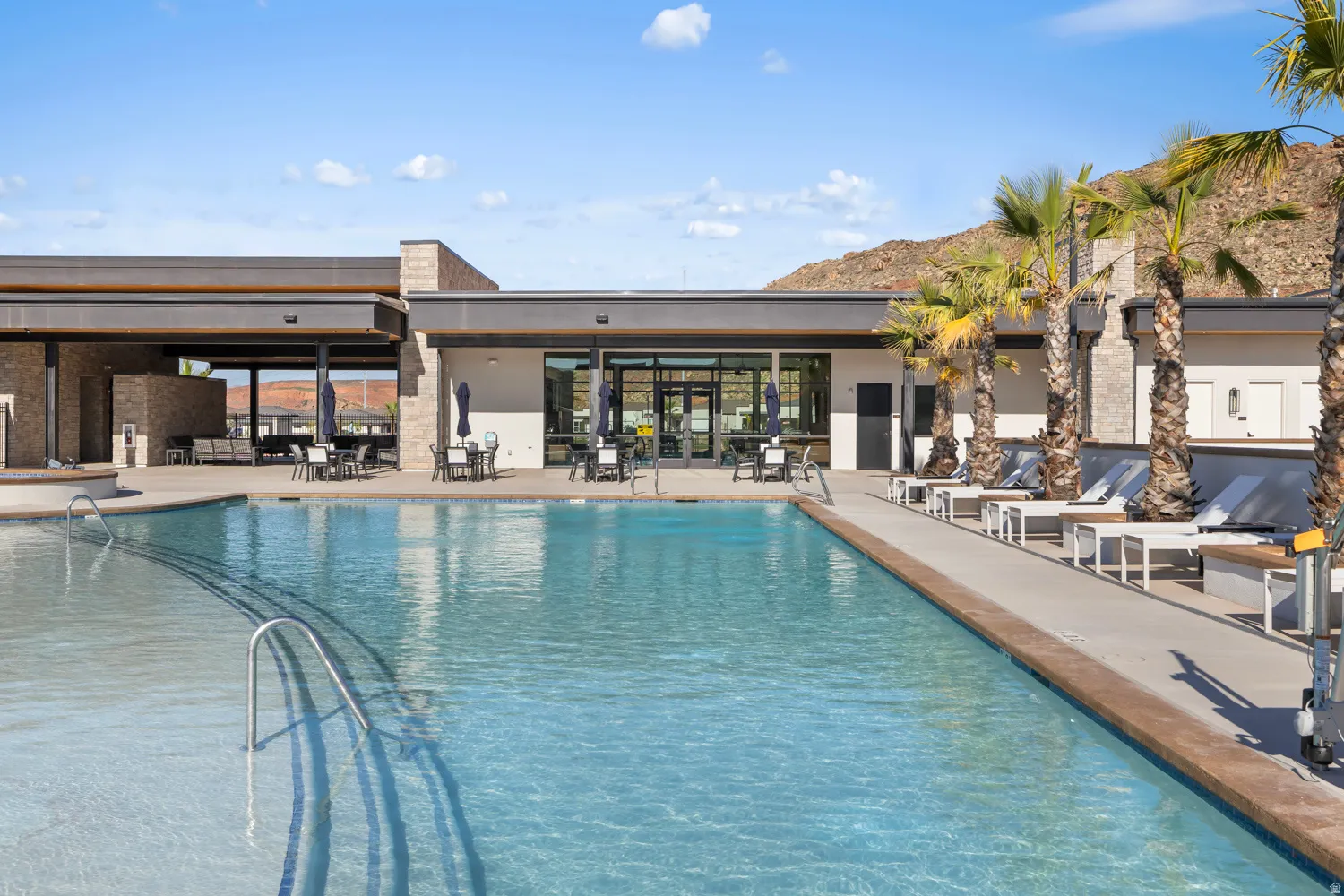 Resort-style saltwater pool with integrated spa jets and entry ladder, bordered by composite decking and framed by mature palm trees