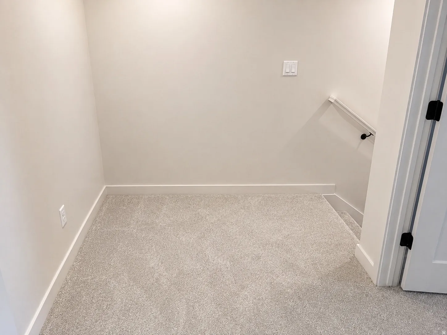 Carpeted landing area featuring a light gray wall color, white trim, and a white handrail leading to a lower level