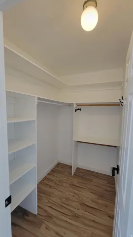 Walk-in closet with integrated shelving, hanging rods, an integrated desk, and wood-finish flooring