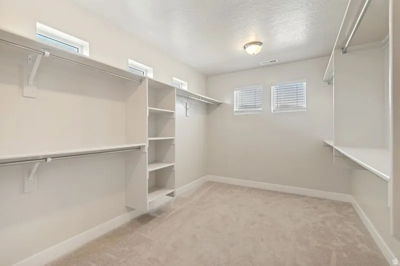 Spacious closet featuring built-in shelving, multiple hanging rods, and light-filtering window blinds