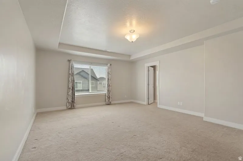 Spacious room featuring a tray ceiling, neutral-toned walls, and plush carpeting
