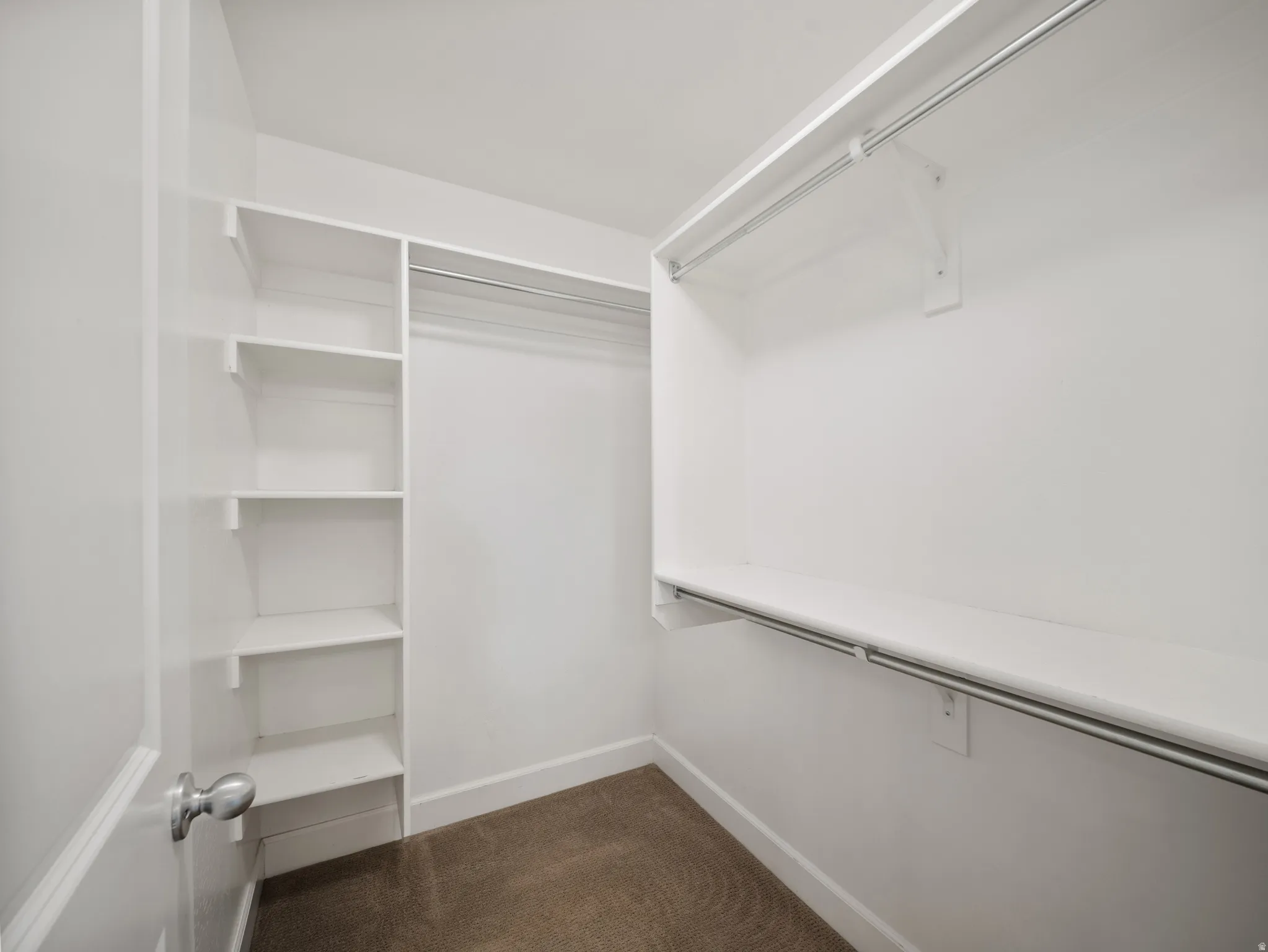 Walk-in closet featuring built-in shelving, two clothing rods, and a neutral-toned carpet