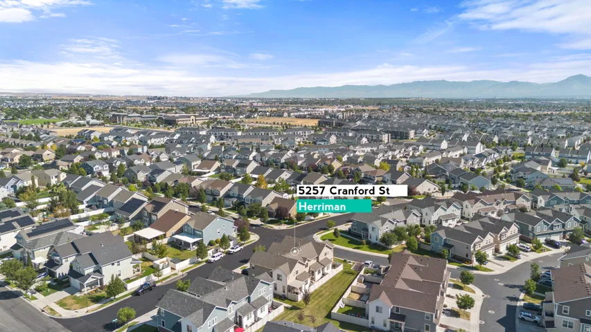 Aerial perspective of a residential community featuring diverse architectural styles and mature landscaping