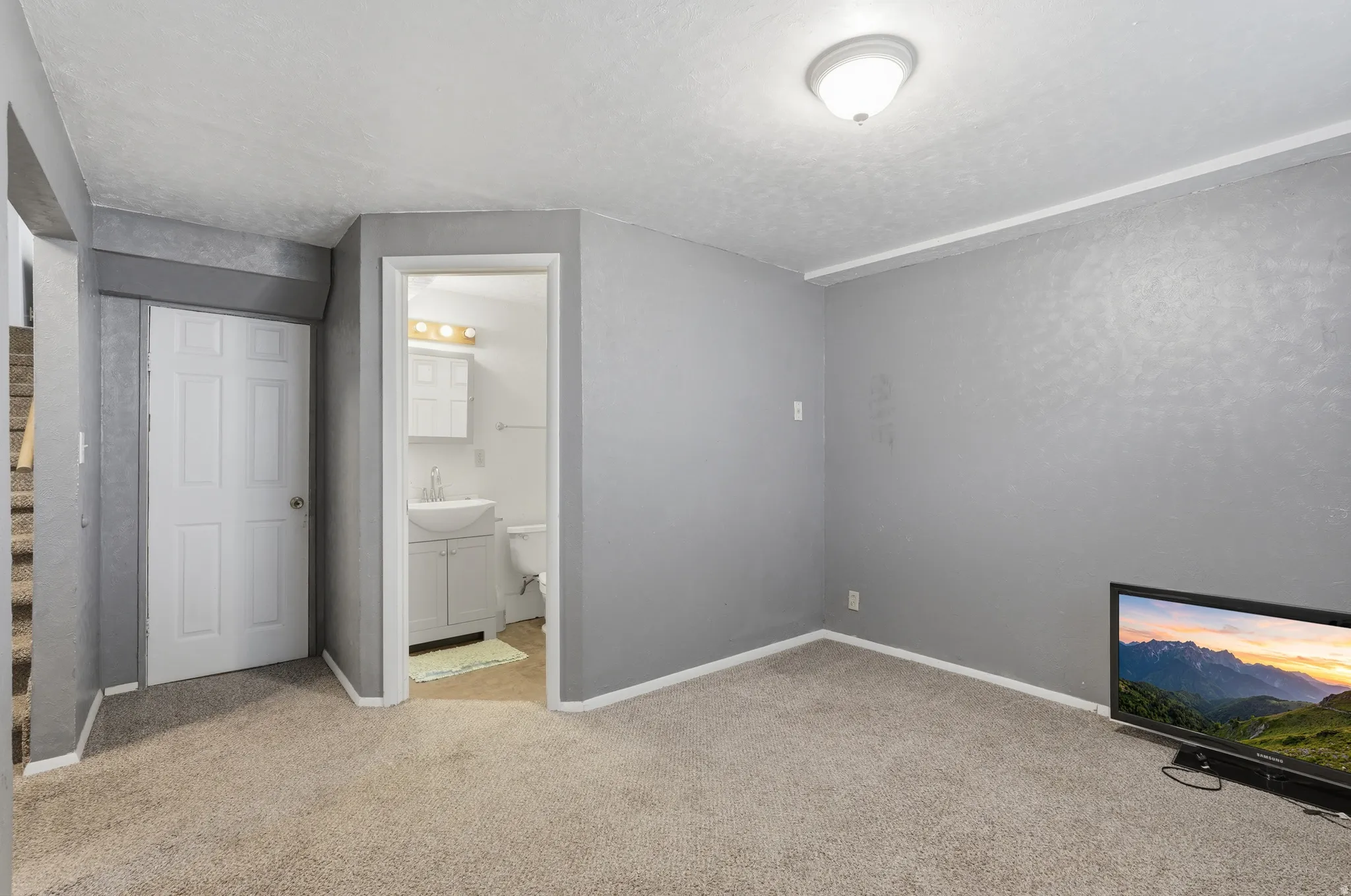Spacious bedroom with neutral gray walls, plush carpeting, and recessed ceiling lighting