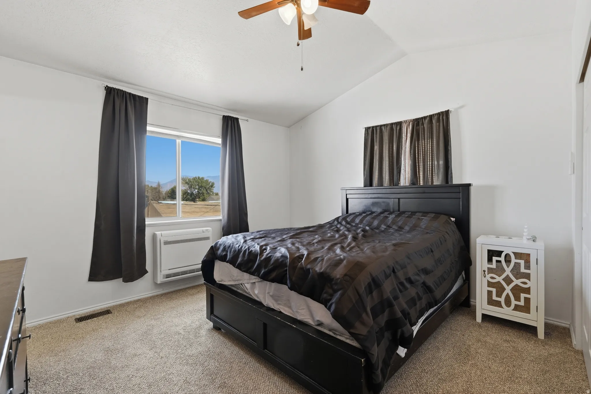 Spacious bedroom featuring a black platform bed frame, carpeted flooring, and abundant natural light from dual windows with dark curtains