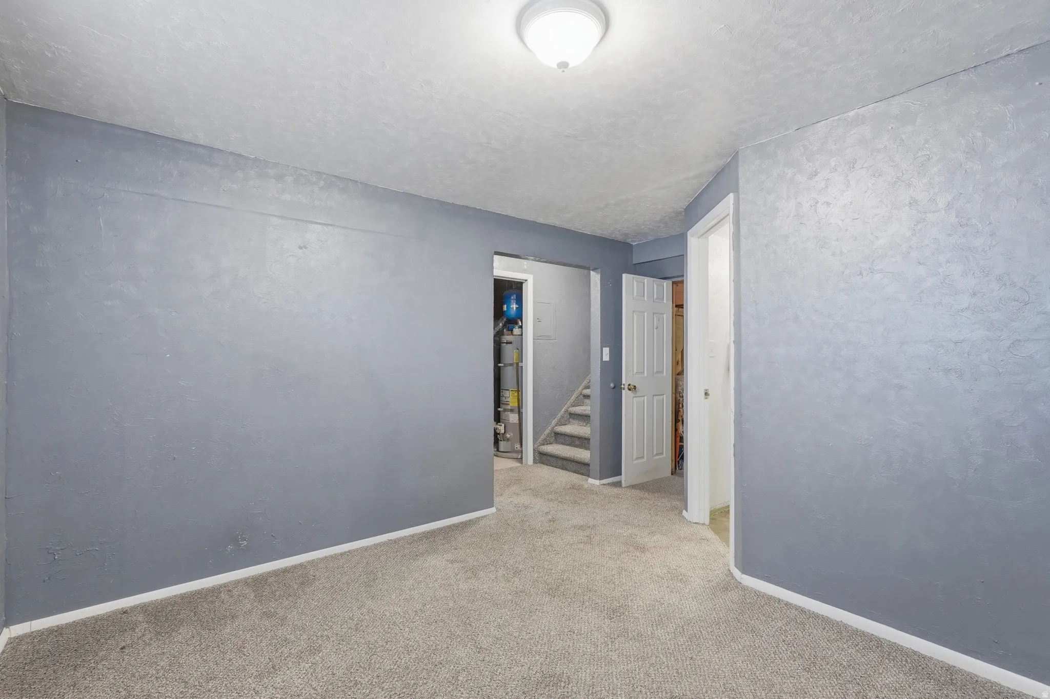 Spacious bedroom with soft blue-gray walls, neutral carpet flooring, and abundant natural light from ceiling-mounted fixture