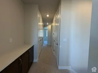 Built-in dark wood cabinetry with light-toned solid surface countertop, carpeting, flush-mount lighting, and solid-core interior doors