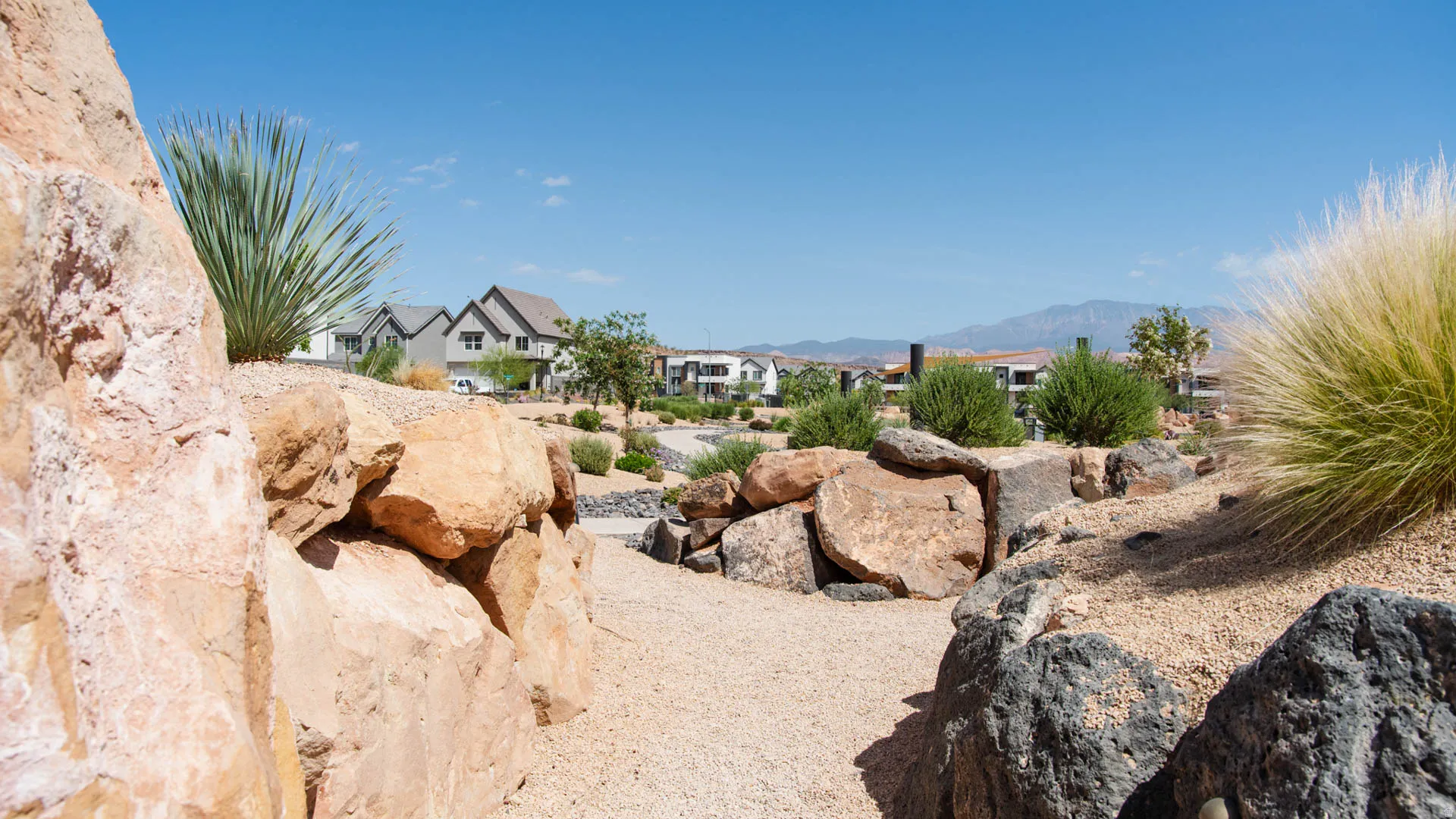 Landscaped outdoor area featuring natural rock formations and diverse desert plantings