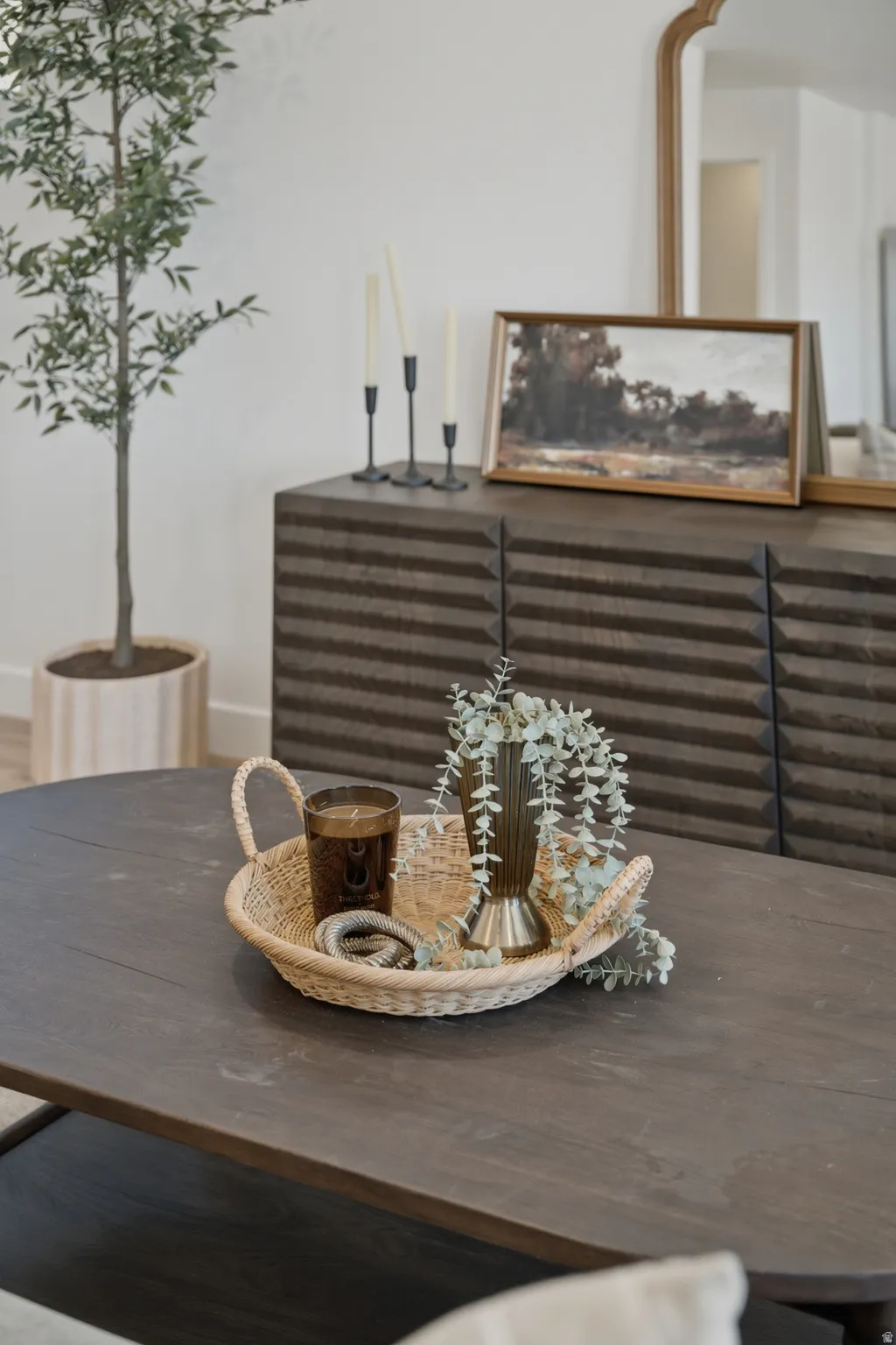 Dark wood-finish coffee table featuring a visible grain