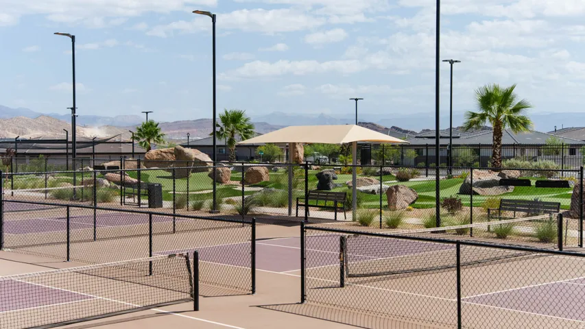 Premier recreational facilities featuring multiple professional-grade tennis courts with championship-surface flooring, surrounded by manicured landscaping with mature palm trees and native plantings