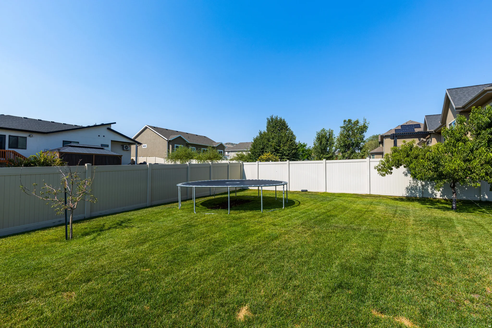 Expansive green lawn with full perimeter fencing and mature trees