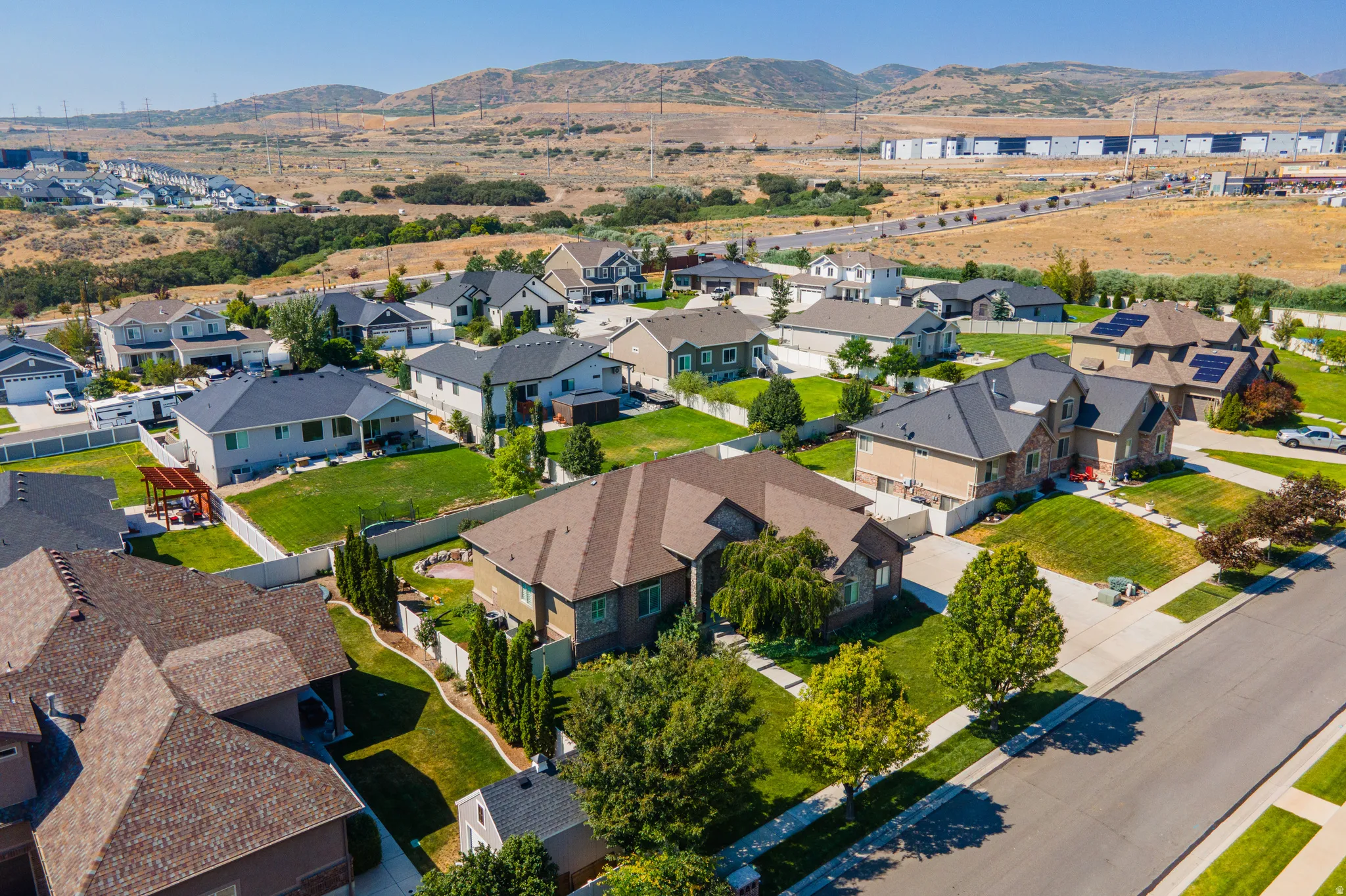 Residential neighborhood with varied rooflines and mature landscaping
