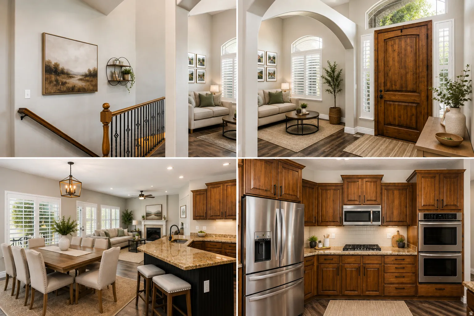 Property Listing Photos. Displaying interior areas of the property including a staircase, entryway, living room, dining area, and kitchen
