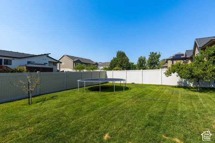 Expansive green lawn with full perimeter fencing and mature trees