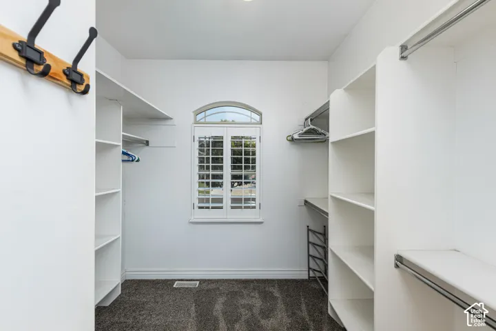 Walk-in closet featuring an arched window with white plantation shutters, built-in shelving, hanging rods, and dark gray carpet