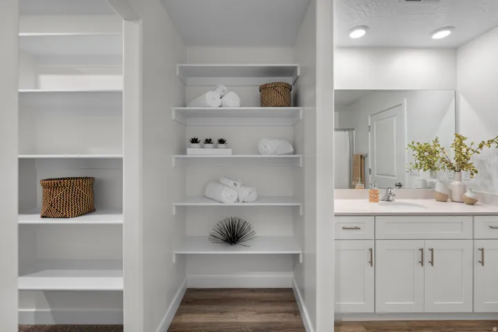 Organized storage solutions featuring multiple built-in shelving units