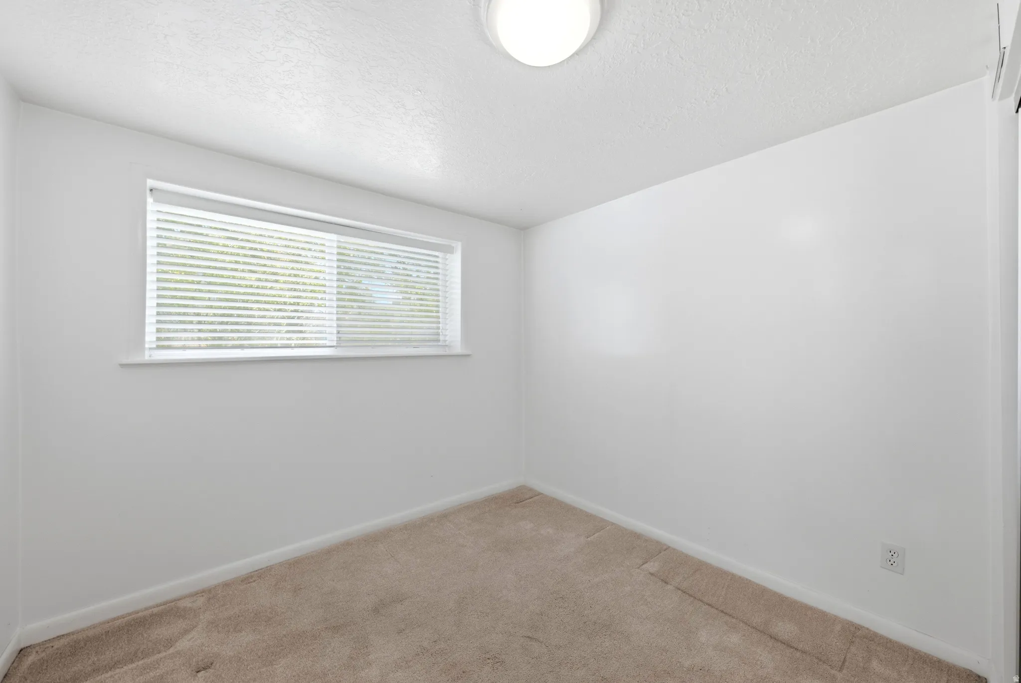Neutral-toned wall-to-wall carpeting complements the white walls and ceiling