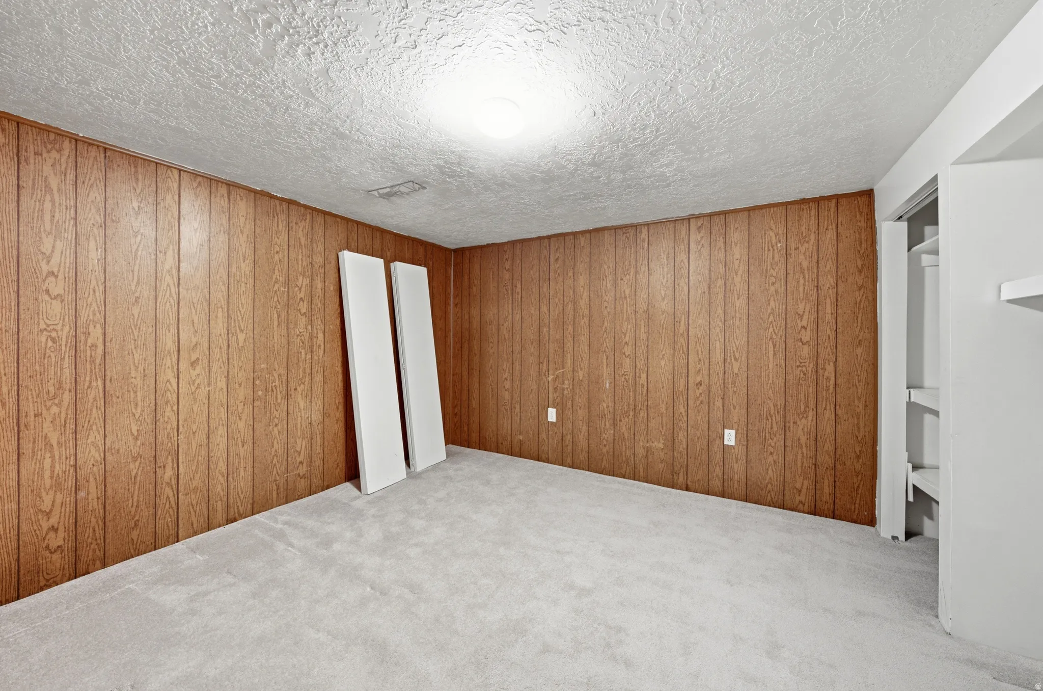 Finished room featuring wood paneling, light-colored carpeting, and a built-in closet with shelving