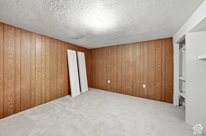 Finished room featuring wood paneling, light-colored carpeting, and a built-in closet with shelving