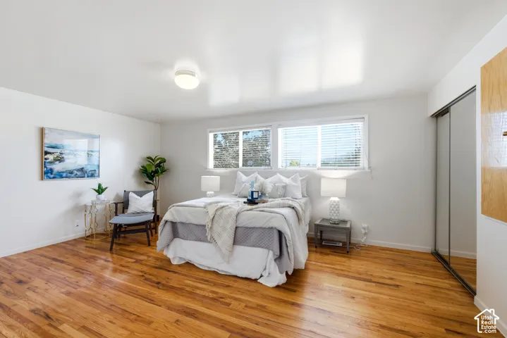 Bright interior space featuring wood-finish flooring, white walls, and a recessed ceiling light