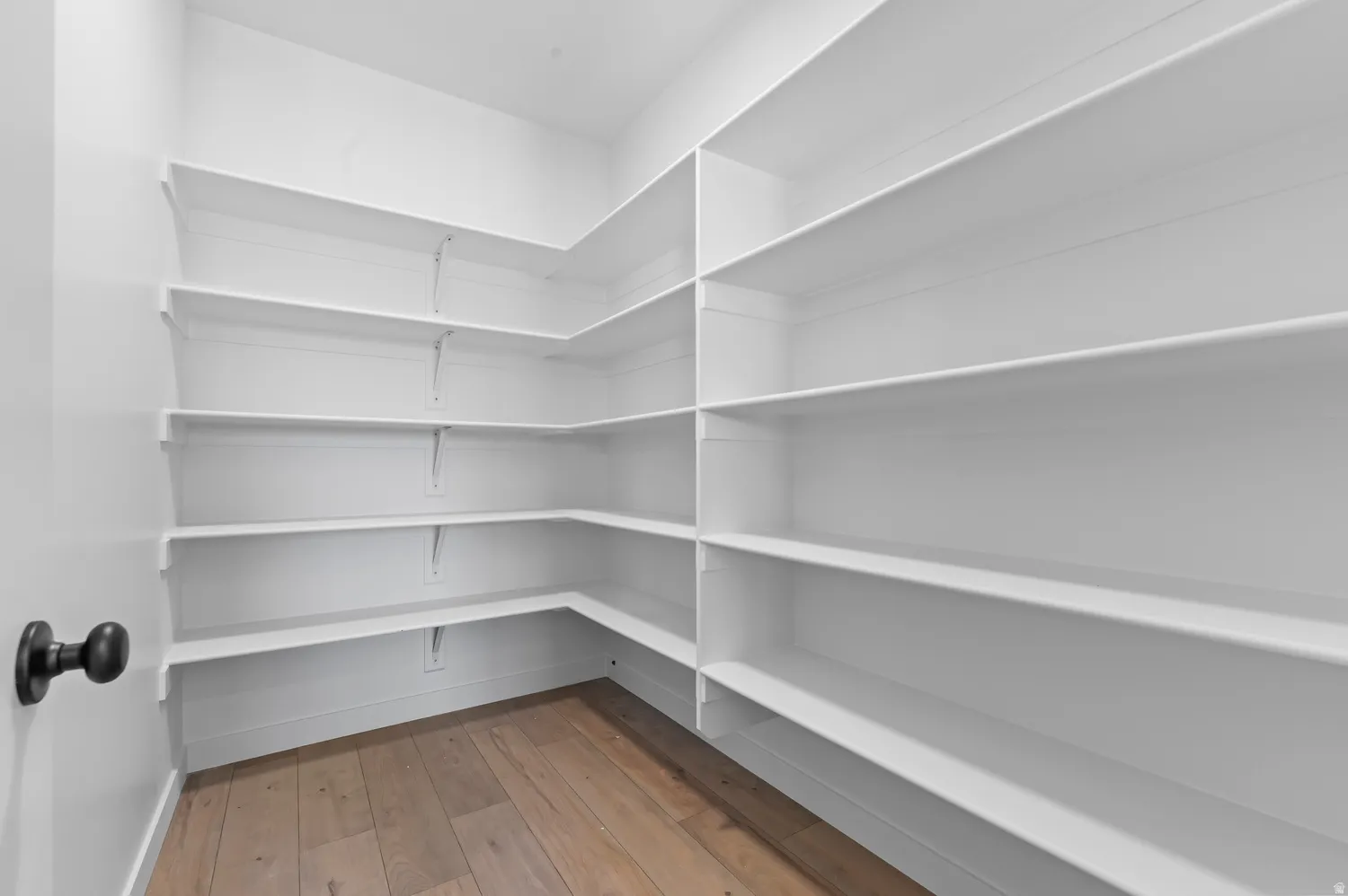 Spacious pantry with extensive built-in shelving, light wood-finish flooring, and a matte black door knob
