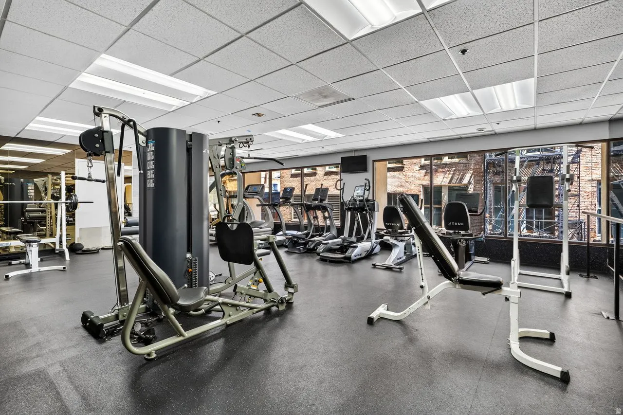 Fitness center featuring rubber flooring, abundant natural light through extensive windows, and a variety of exercise equipment including strength training machines and cardio machines
