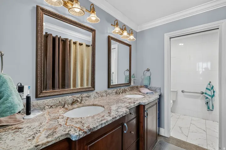 Double vanity with stone countertop, undermount sinks, and dark wood cabinetry