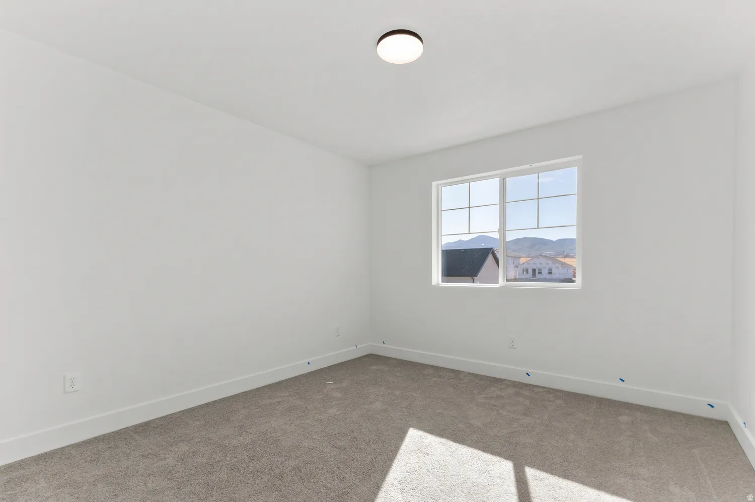 White walls, gray carpet, a white framed window, and a flush mount ceiling light