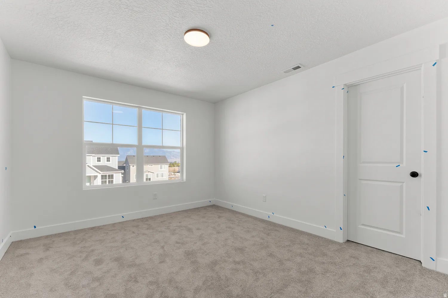 Neutral tone wall paint, carpet flooring, a multi-pane window, and a flush-mount ceiling light